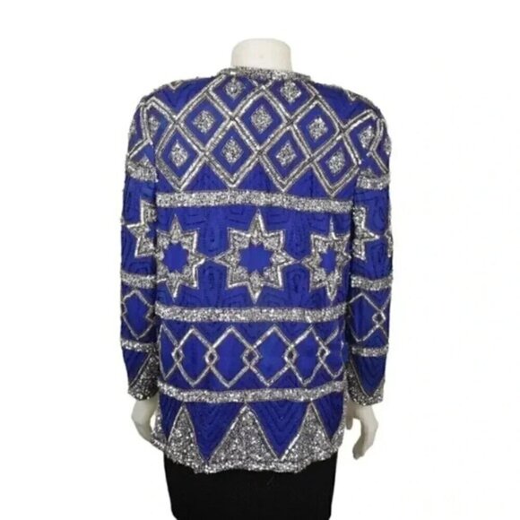 Vintage  80's Scarlet Rage Royal Blue Silver Stars Beaded Sequins Jacket Formal - Picture 7 of 14